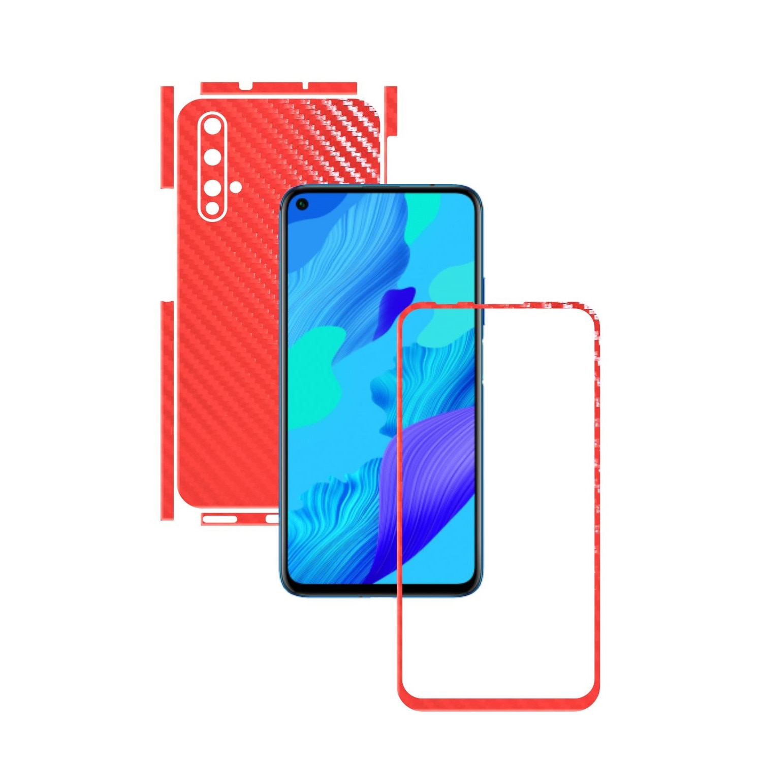 Folie Protectie Carbon Skinz pentru Huawei Nova 5T - Carbon Rosu Split Cut, Skin Adeziv Full Body Cover pentru Rama Ecran, Carcasa Spate si Laterale