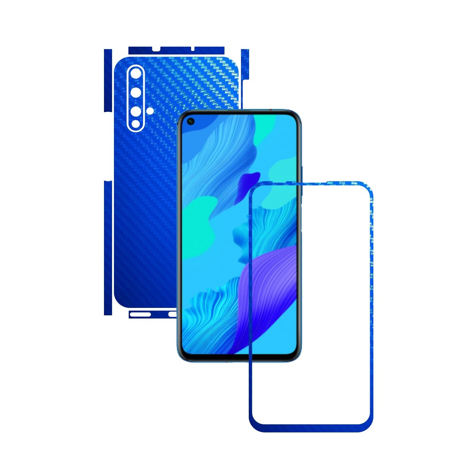 Folie Protectie Carbon Skinz pentru Huawei Nova 5T - Carbon Albastru Split Cut, Skin Adeziv Full Body Cover pentru Rama Ecran, Carcasa Spate si Laterale