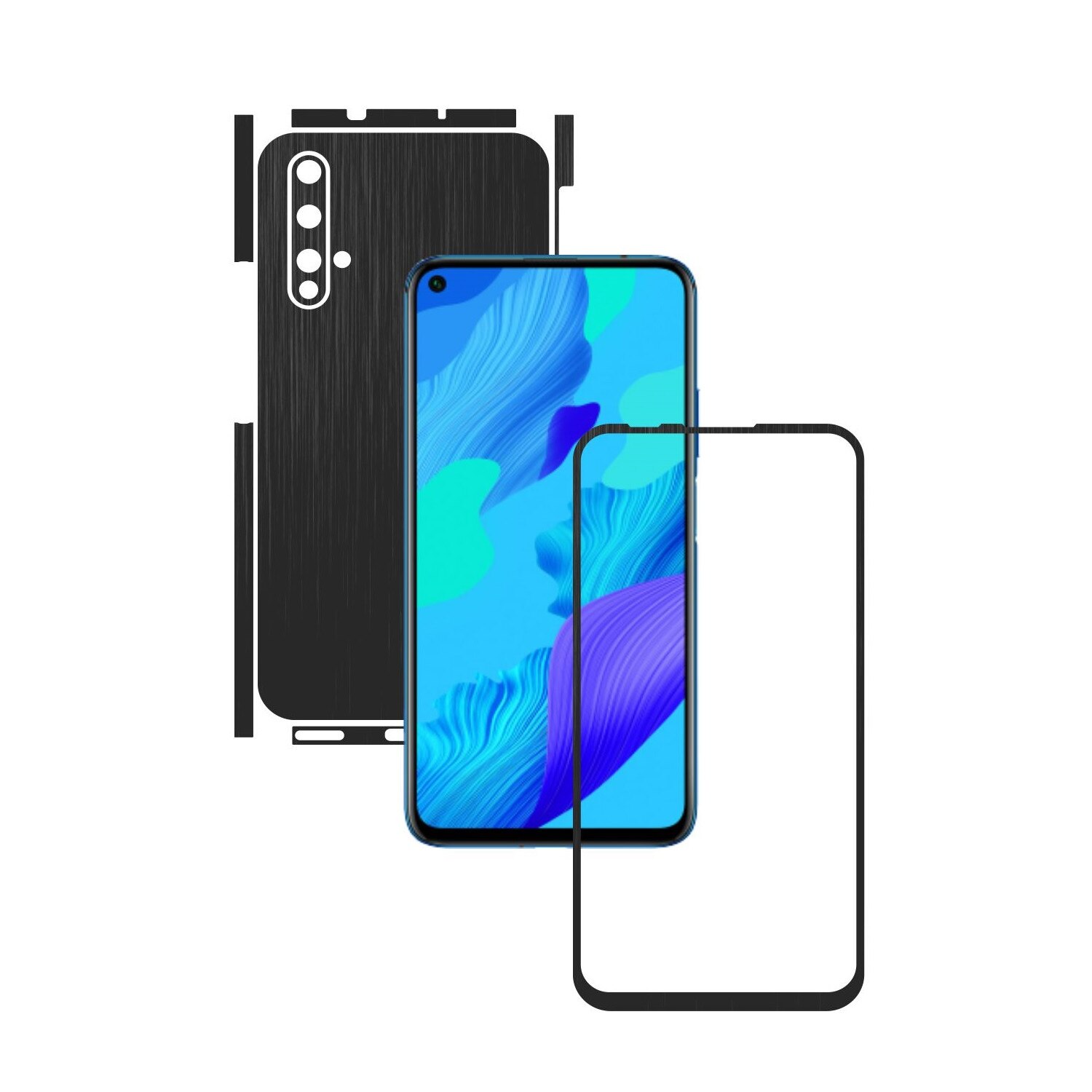 Folie Protectie Carbon Skinz pentru Huawei Nova 5T - Brushed Negru Split Cut, Skin Adeziv Full Body Cover pentru Rama Ecran, Carcasa Spate si Laterale