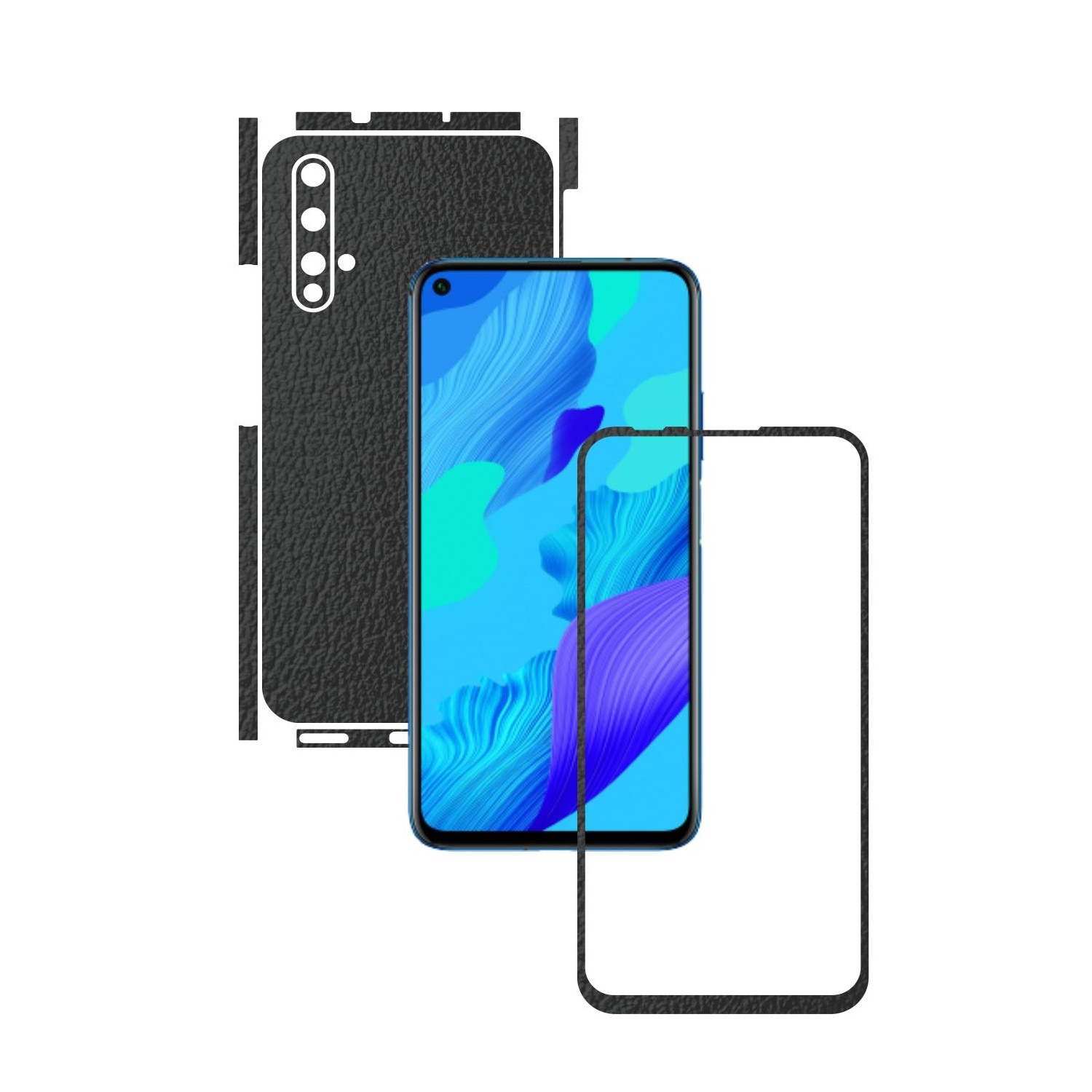Folie Protectie Carbon Skinz pentru Huawei Nova 5T - Piele Neagra Split Cut, Skin Adeziv Full Body Cover pentru Rama Ecran, Carcasa Spate si Laterale
