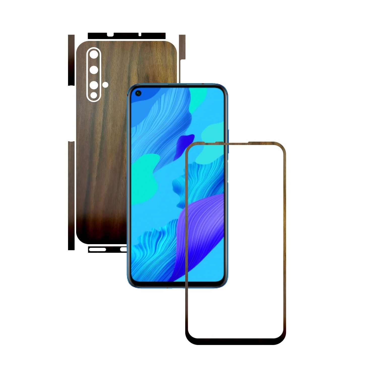 Folie Protectie Carbon Skinz pentru Huawei Nova 5T - Lemn Nuc Split Cut, Skin Adeziv Full Body Cover pentru Rama Ecran, Carcasa Spate si Laterale