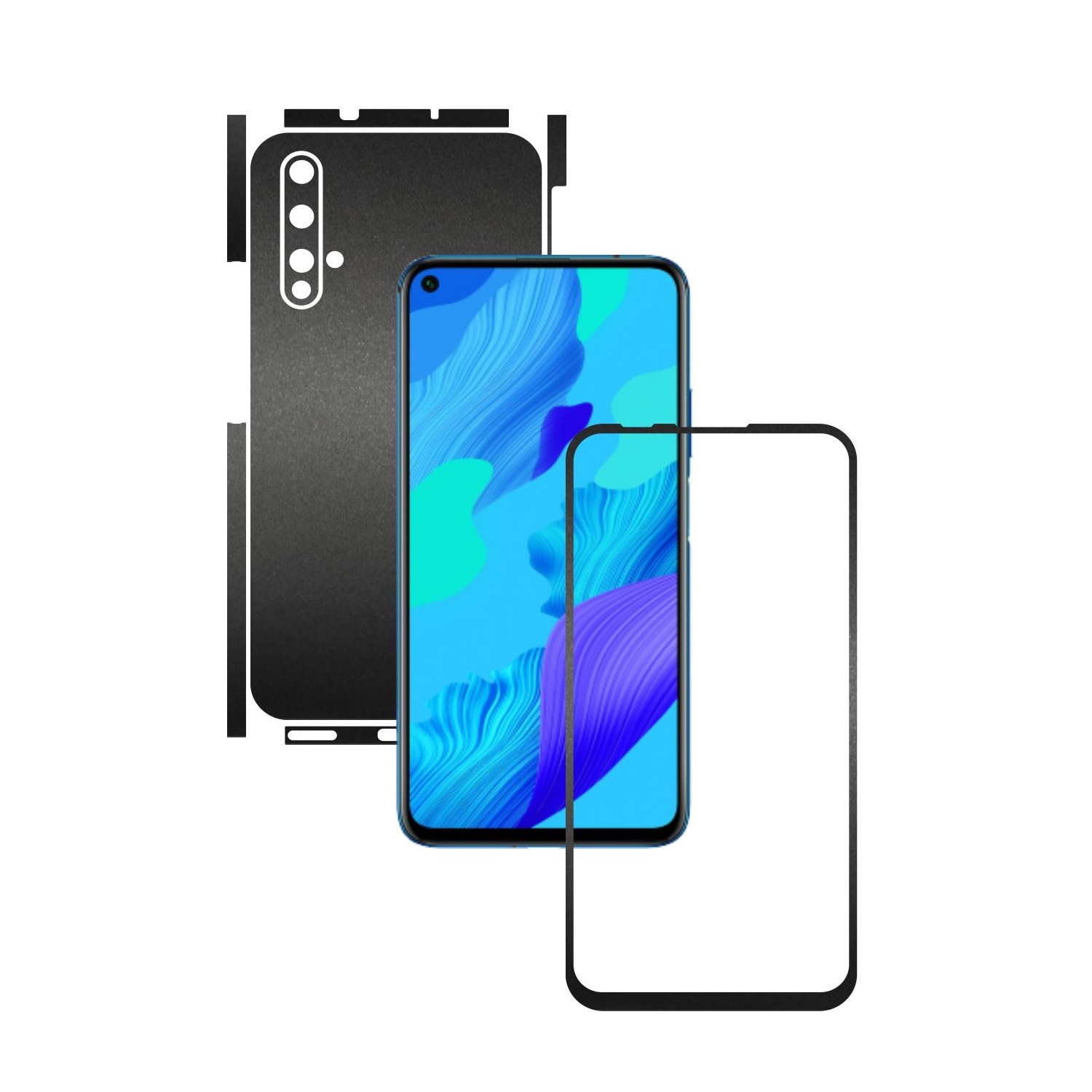 Folie Protectie Carbon Skinz pentru Huawei Nova 5T - Negru Mat Split Cut, Skin Adeziv Full Body Cover pentru Rama Ecran, Carcasa Spate si Laterale