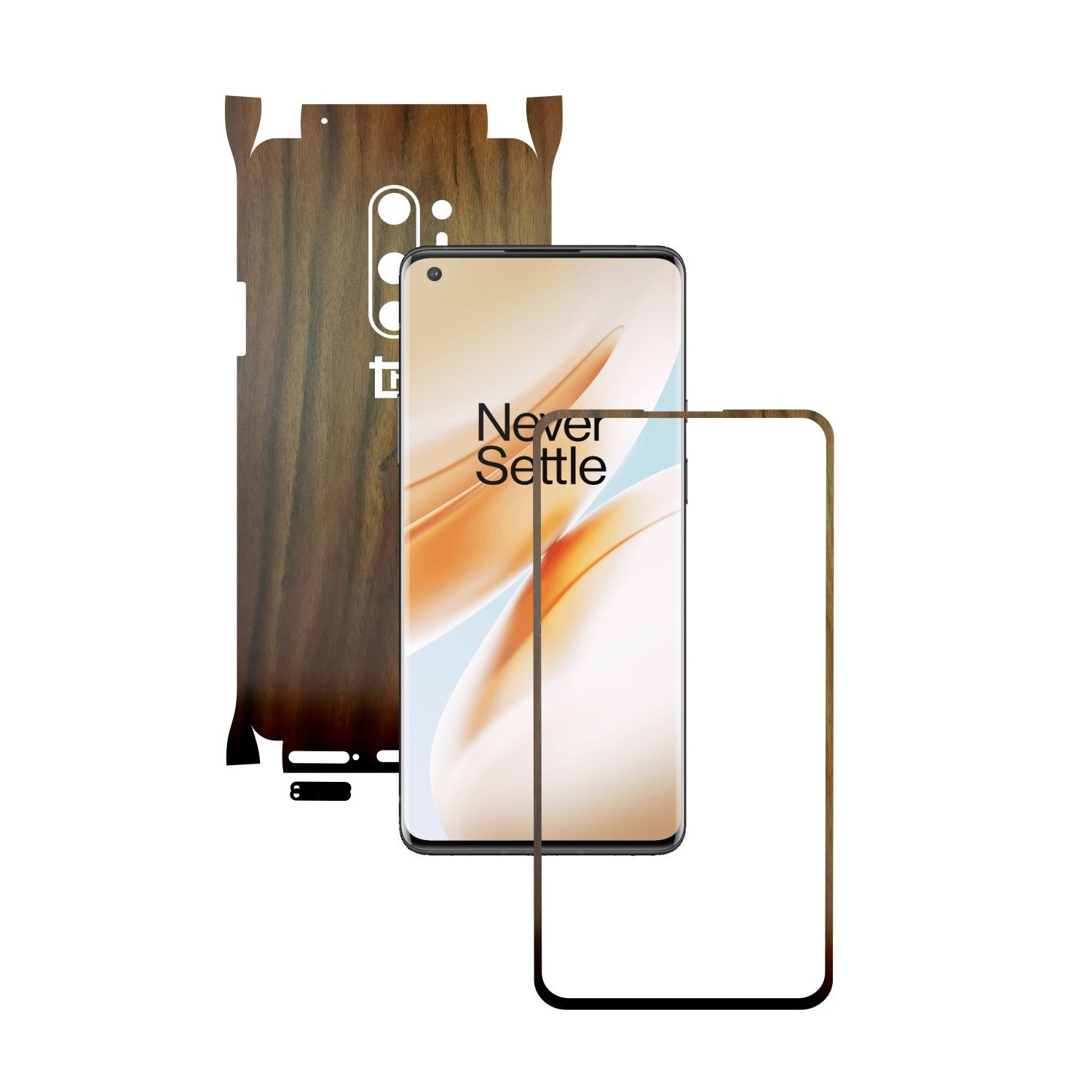Folie Protectie Carbon Skinz pentru OnePlus 8 Pro - Lemn Nuc 360 Cut, Skin Adeziv Full Body Cover pentru Rama Ecran, Carcasa Spate si Laterale
