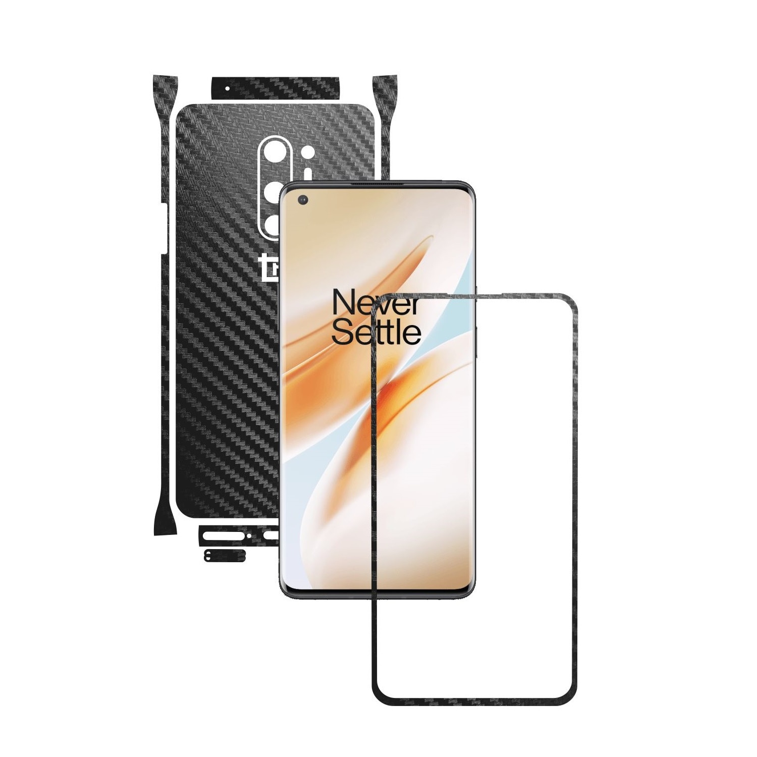 Folie Protectie Carbon Skinz pentru OnePlus 8 Pro - Carbon Negru Split Cut, Skin Adeziv Full Body Cover pentru Rama Ecran, Carcasa Spate si Laterale