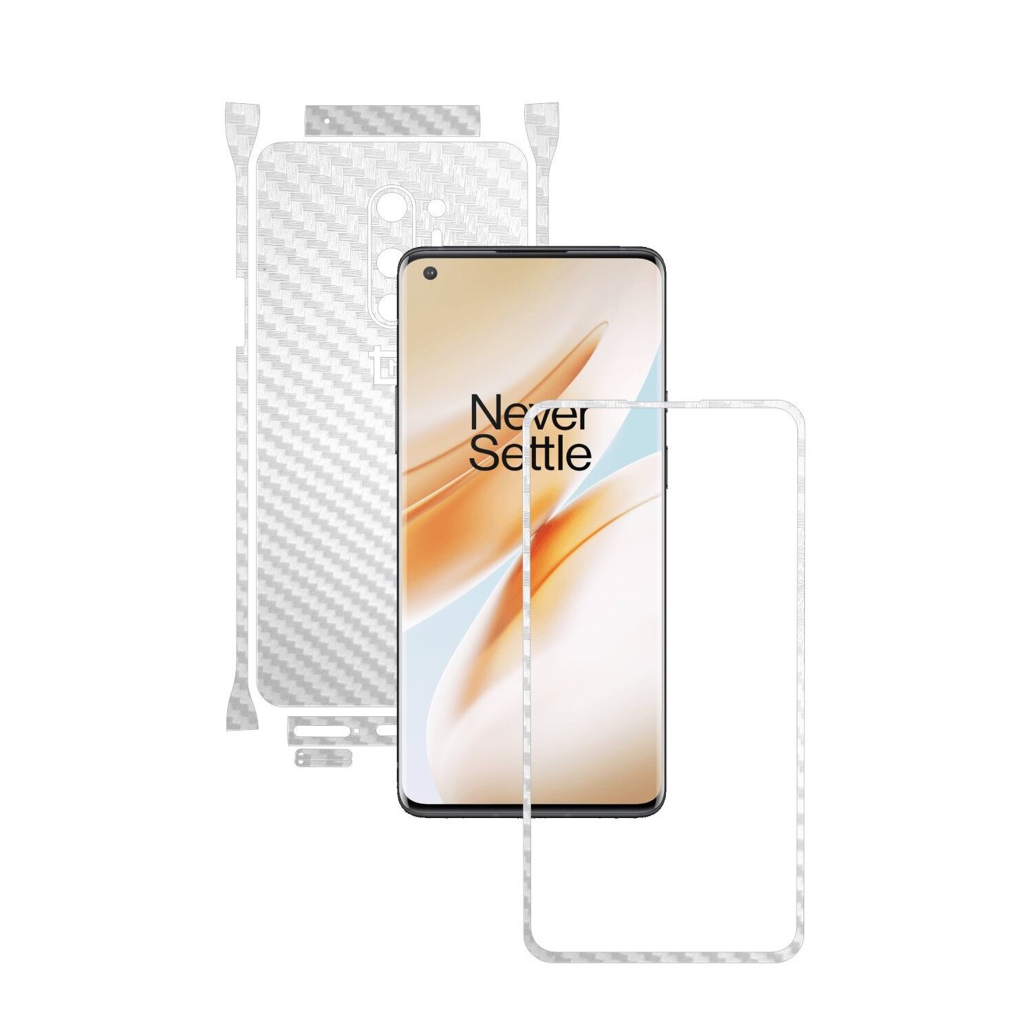 Folie Protectie Carbon Skinz pentru OnePlus 8 Pro - Carbon Alb Split Cut, Skin Adeziv Full Body Cover pentru Rama Ecran, Carcasa Spate si Laterale