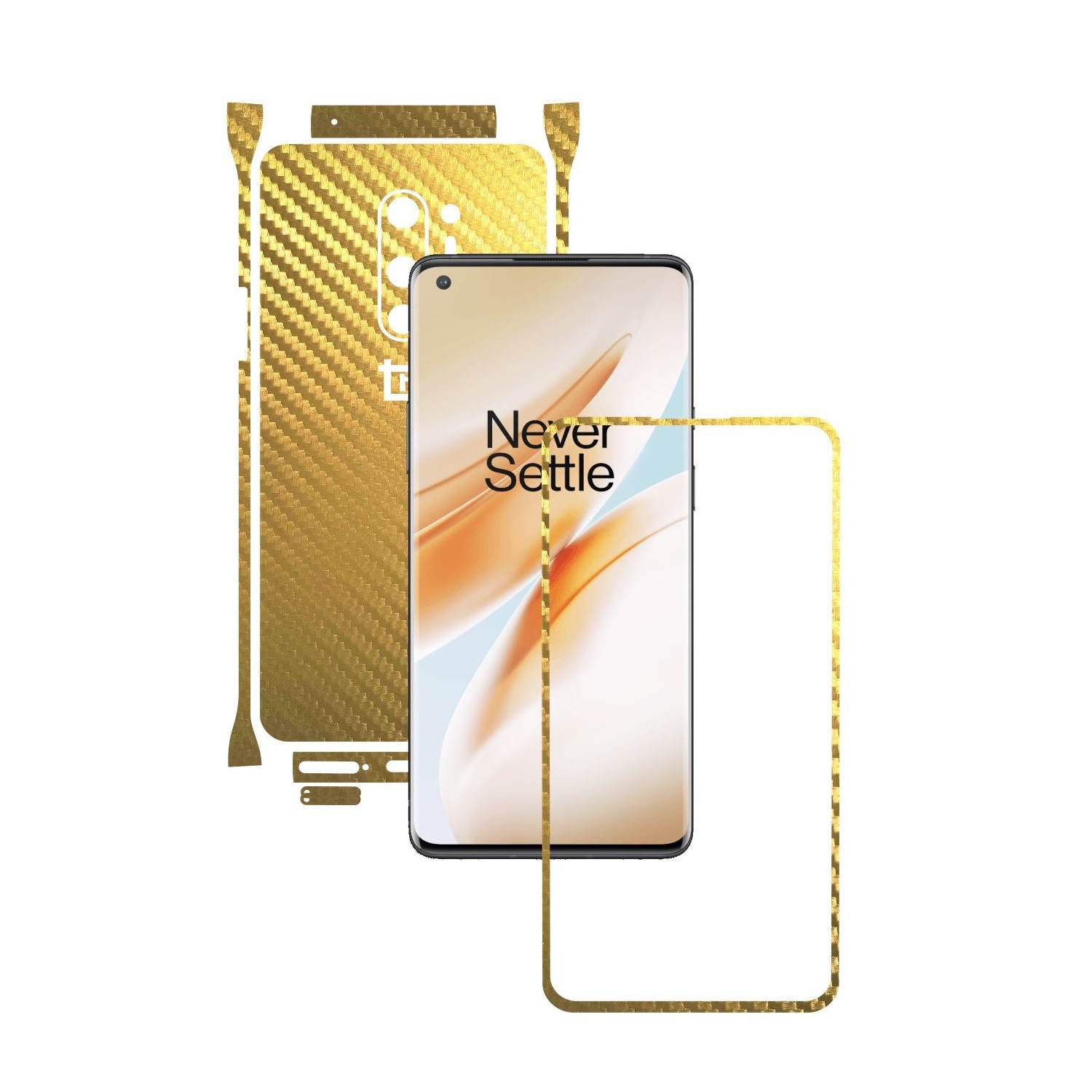 Folie Protectie Carbon Skinz pentru OnePlus 8 Pro - Carbon Auriu Split Cut, Skin Adeziv Full Body Cover pentru Rama Ecran, Carcasa Spate si Laterale