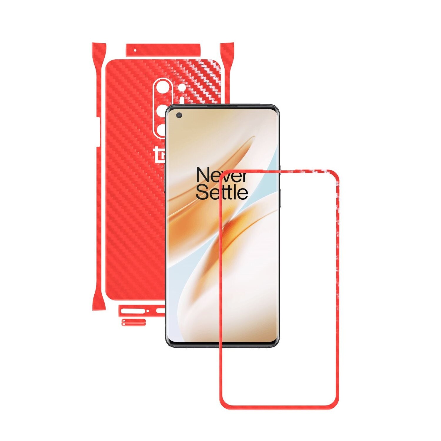 Folie Protectie Carbon Skinz pentru OnePlus 8 Pro - Carbon Rosu Split Cut, Skin Adeziv Full Body Cover pentru Rama Ecran, Carcasa Spate si Laterale