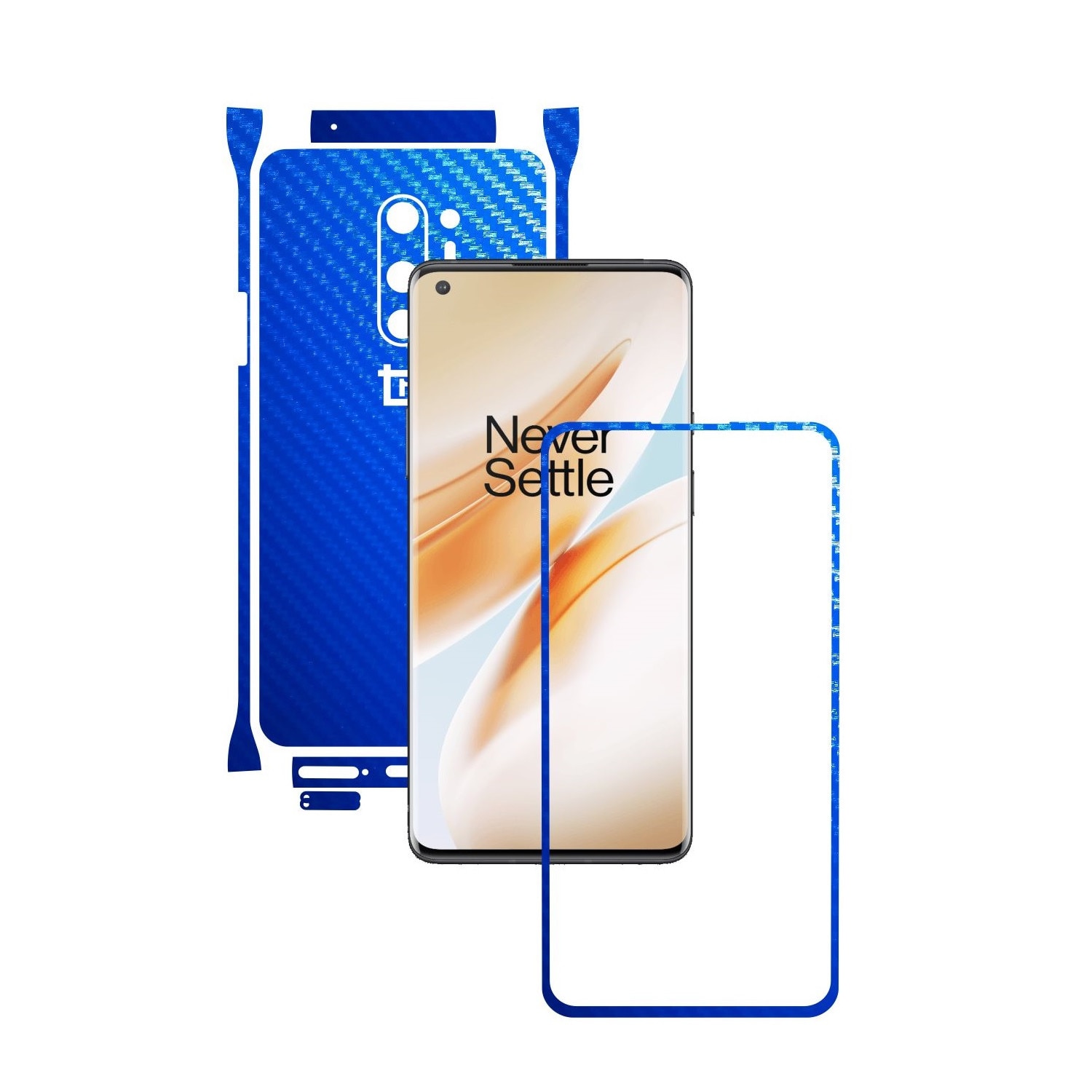 Folie Protectie Carbon Skinz pentru OnePlus 8 Pro - Carbon Albastru Split Cut, Skin Adeziv Full Body Cover pentru Rama Ecran, Carcasa Spate si Laterale