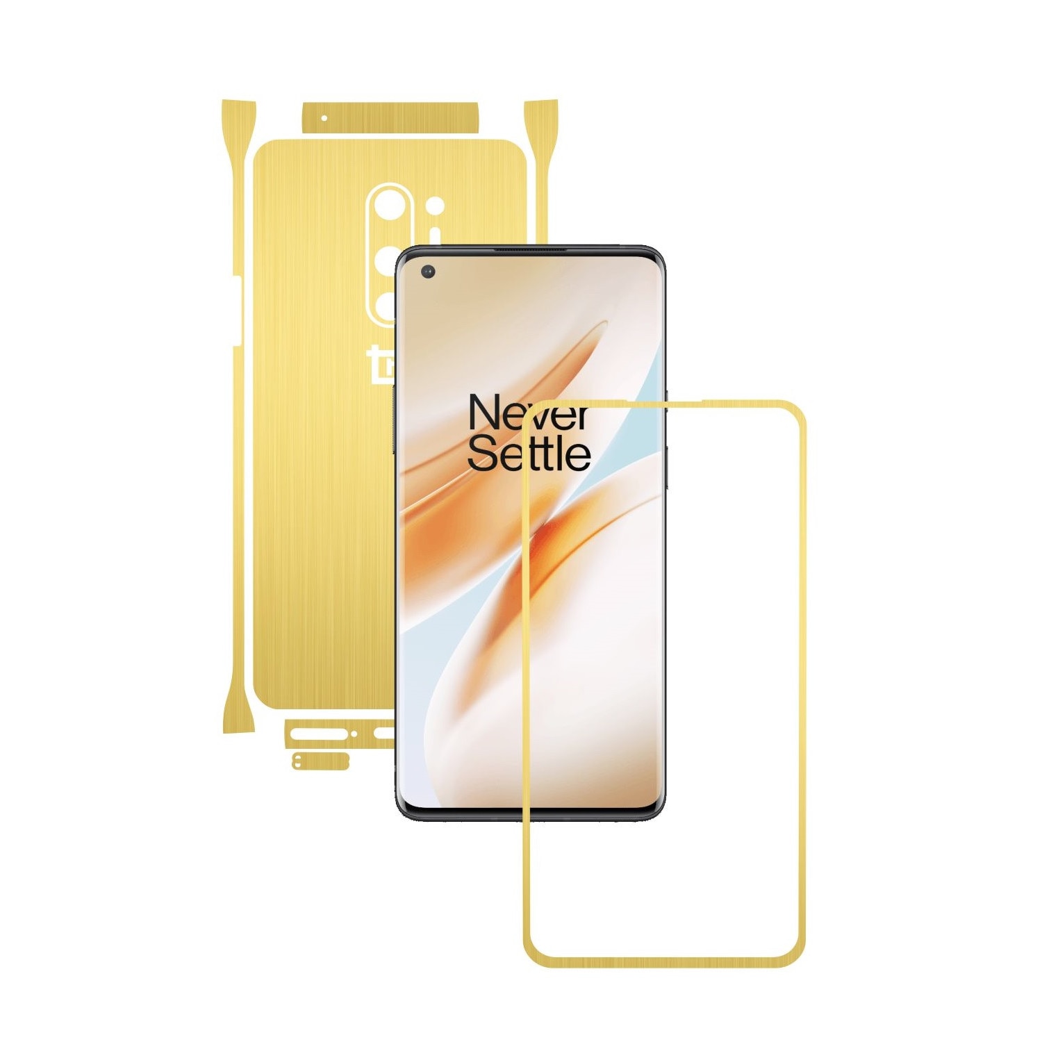 Folie Protectie Carbon Skinz pentru OnePlus 8 Pro - Brushed Auriu Split Cut, Skin Adeziv Full Body Cover pentru Rama Ecran, Carcasa Spate si Laterale