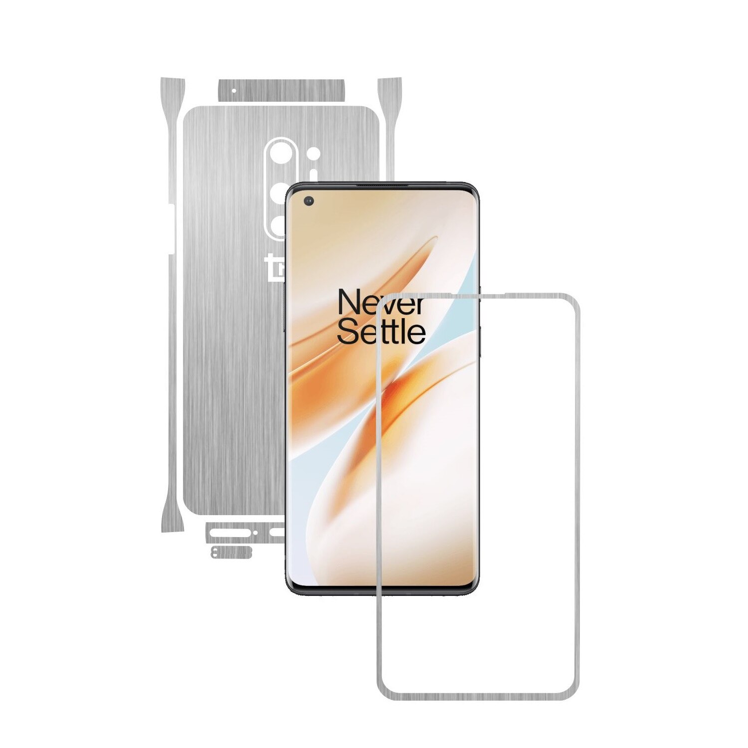 Folie Protectie Carbon Skinz pentru OnePlus 8 Pro - Brushed Argintiu Split Cut, Skin Adeziv Full Body Cover pentru Rama Ecran, Carcasa Spate si Laterale