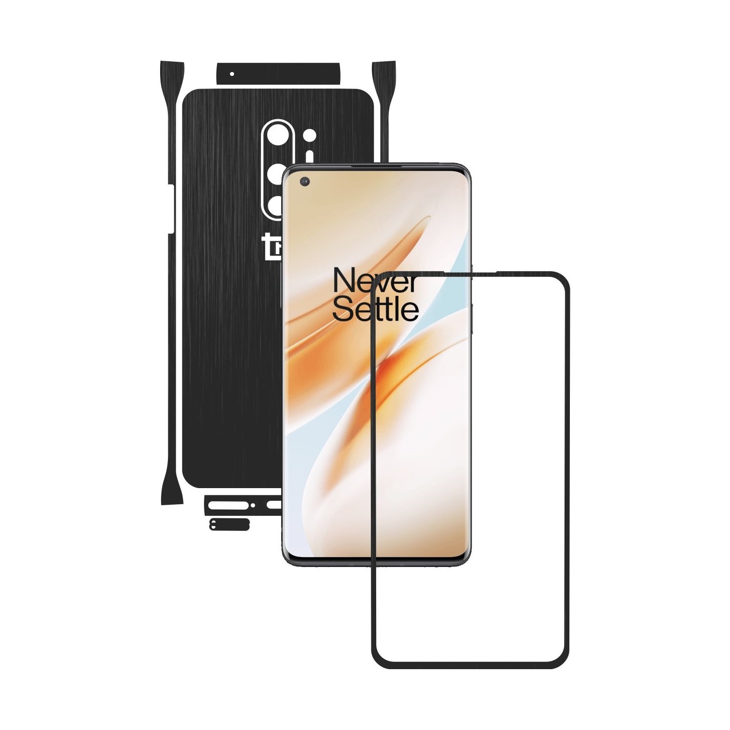 Folie Protectie Carbon Skinz pentru OnePlus 8 Pro - Brushed Negru Split Cut, Skin Adeziv Full Body Cover pentru Rama Ecran, Carcasa Spate si Laterale