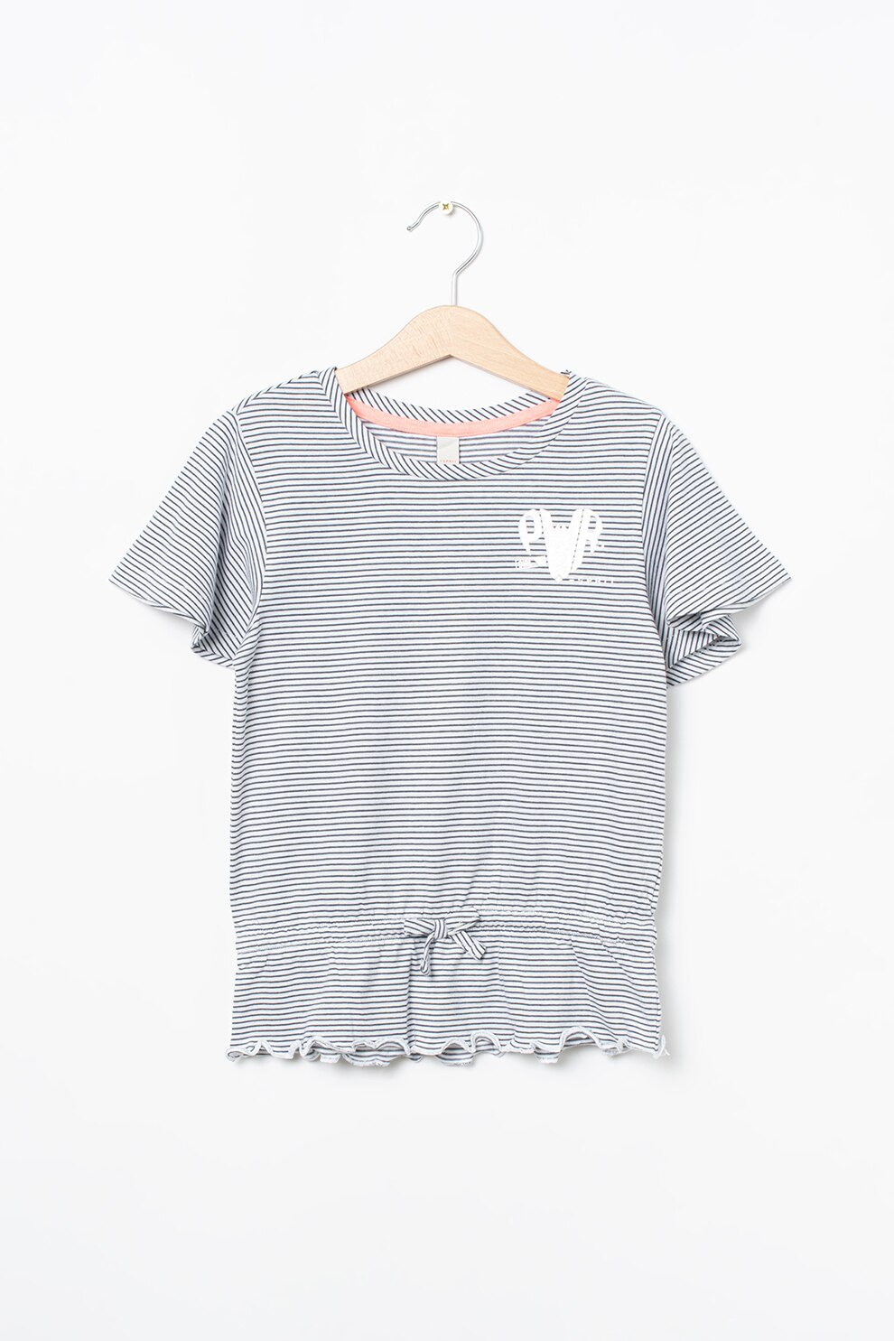 Esprit, Bluza cu model in dungi si terminatii valurite, Alb/Gri inchis, 116-122 CM