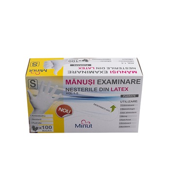 Manusi din latex de unica folosinta, Minut, pudrate, Marimea S, 100 bucati Manusi din latex de unica folosinta, Minut, pudrate, Marimea S, 100 bucati