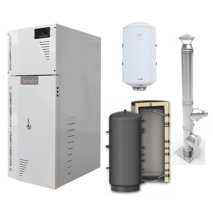 Pachet Centrala termica compacta pe peleti Fornello Rossi Camino Compact 25 kw, pompa de circulatie, vas expansiune, tiraj fortat, Ecodesign, A+, Puffer P 500l, Cos inox 6 ml 120 mm, Boiler Termoelectric Fornello 100l