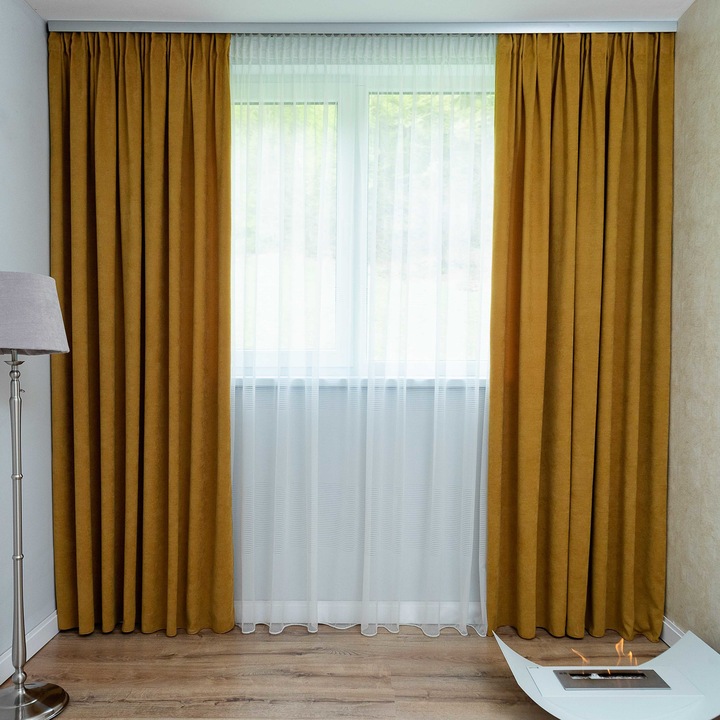 Decolis szett, Dida függöny mustár színű 2 db x 150 cm, Lisbeth fehér függönnyel 1 db x 300 cm, H-250 cm