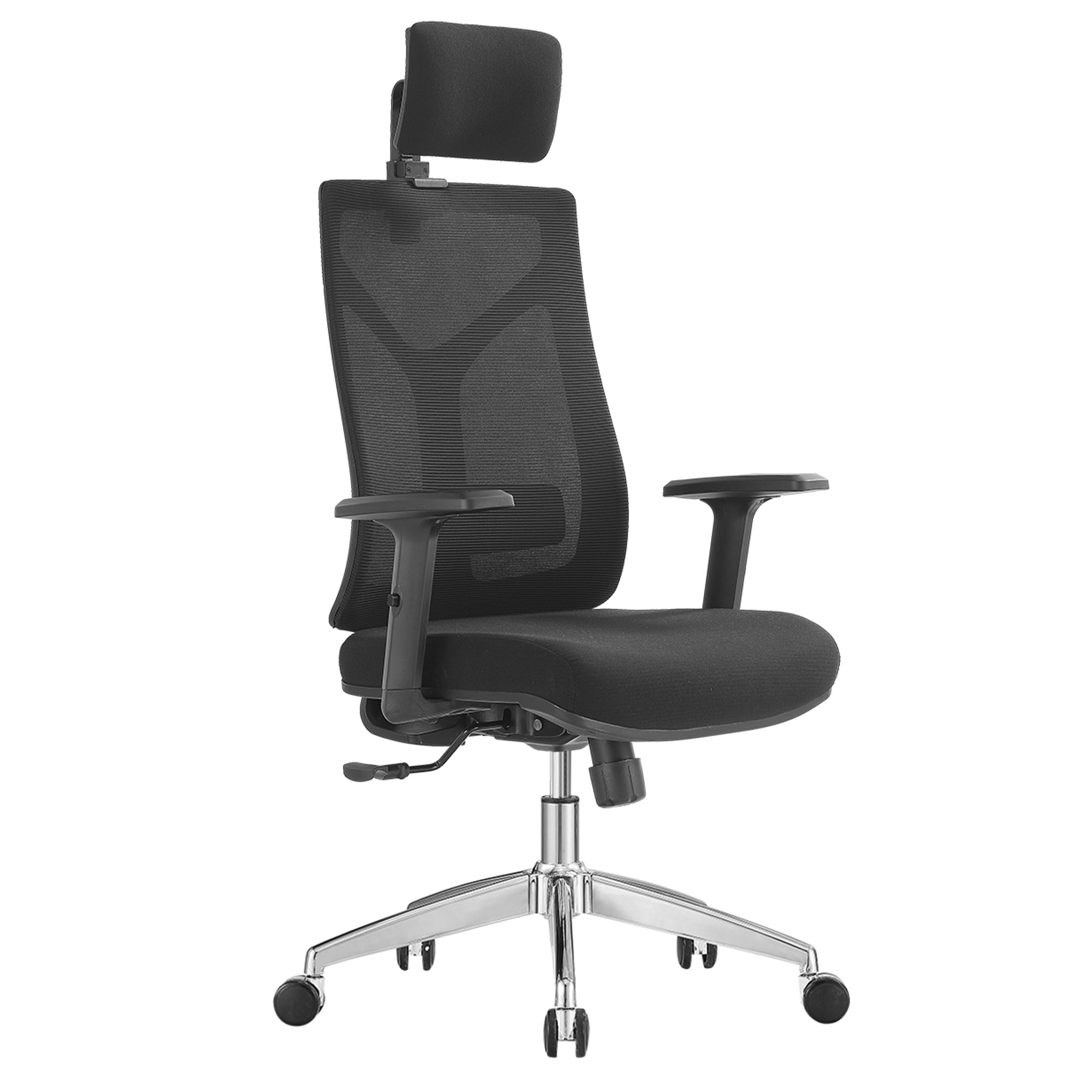 Scaun Ergoplus Wilson-H CR, negru, spatar mesh, baza piramidala din otel cromat, tetiera reglabila 2D, brate reglabile, mecanism syncron, suport lombar reglabil