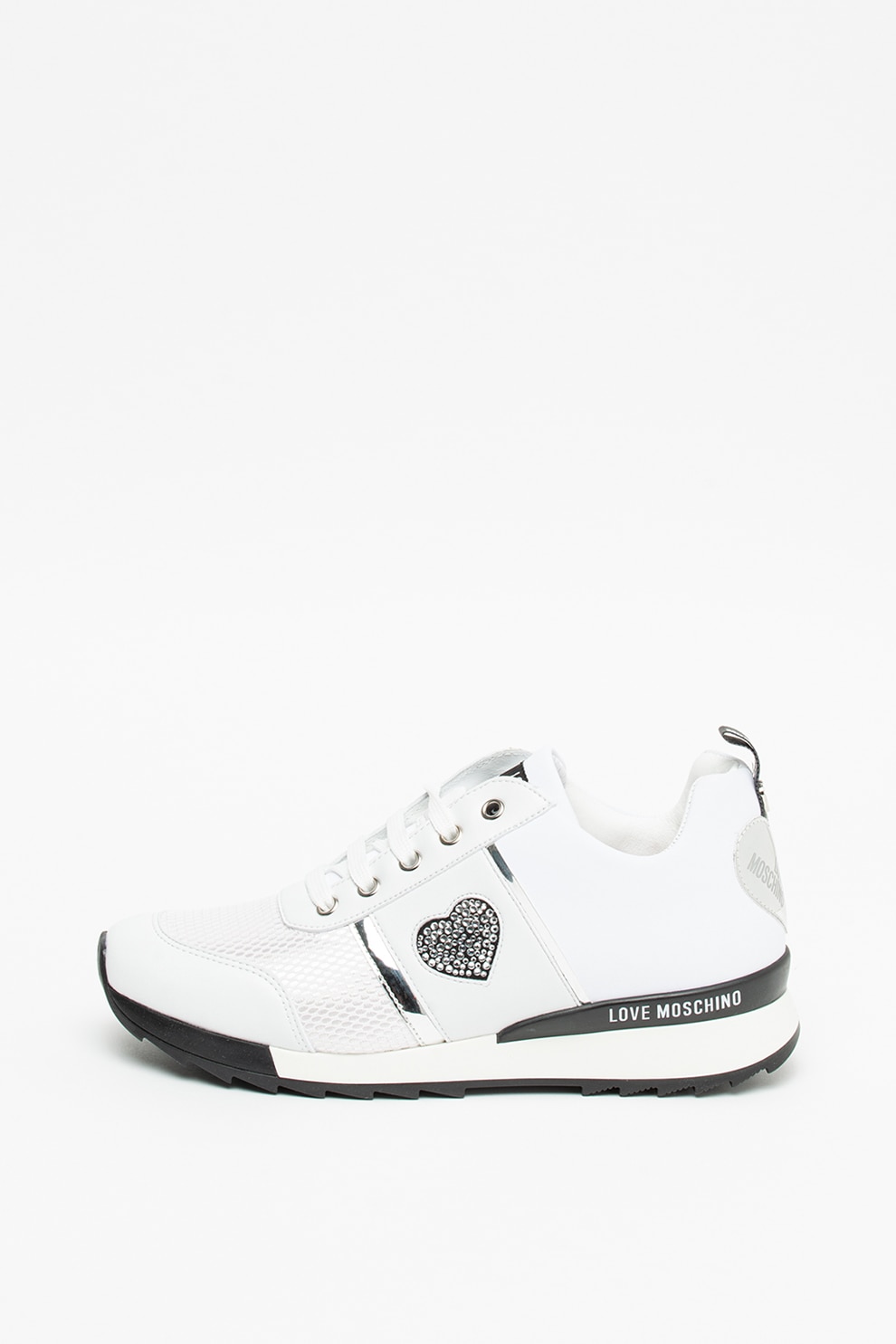 Love Moschino, Pantofi sport de piele ecologica cu aplicatii cu strasuri, Alb/Argintiu, 41