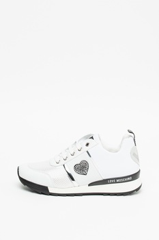 Love Moschino, Pantofi sport de piele ecologica cu aplicatii cu strasuri, Alb/Argintiu, 41 Love Moschino, Pantofi sport de piele ecologica cu aplicatii cu strasuri, Alb/Argintiu, 41