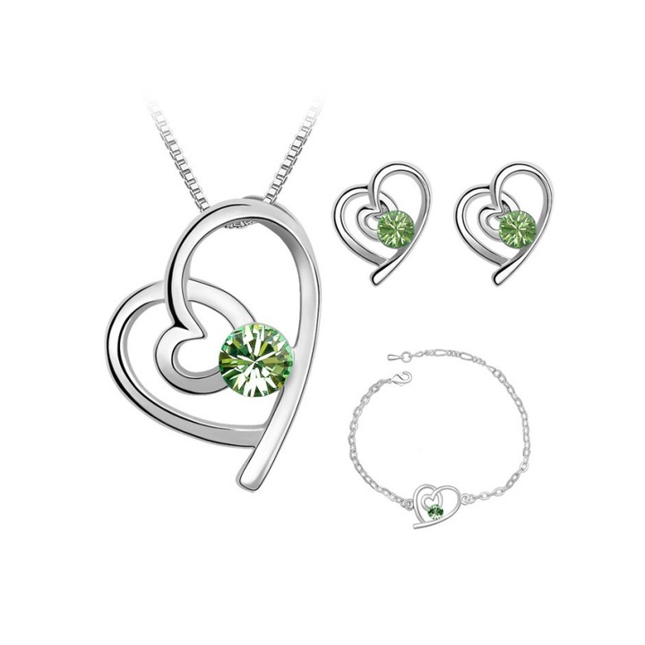 Set argint inima Green Love Crystal