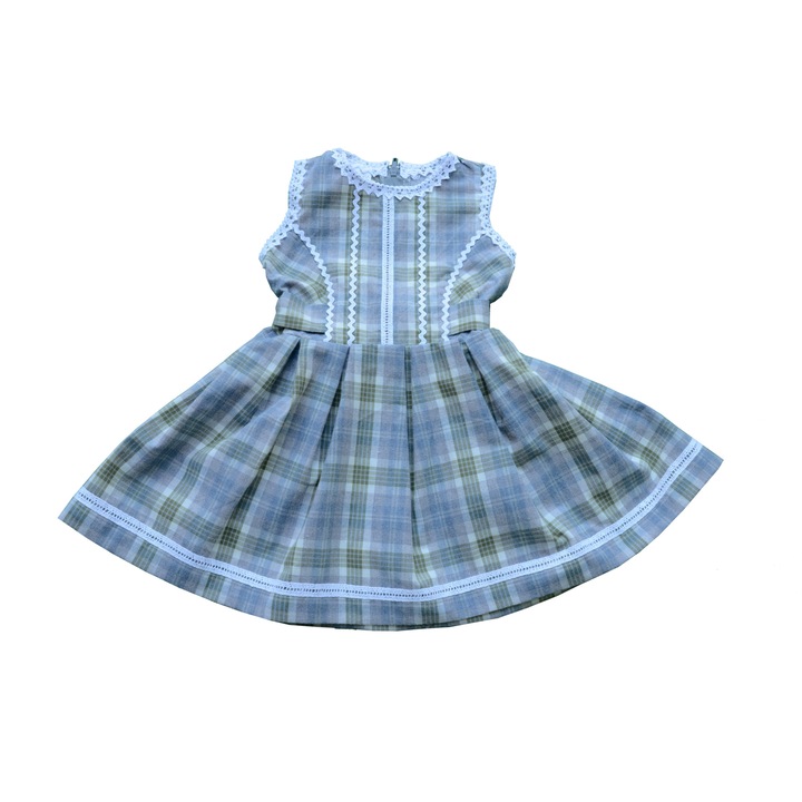 Рустикална рокля за 2 годишни момичета, 100% памук, синьо/сиво с карета без ръкави