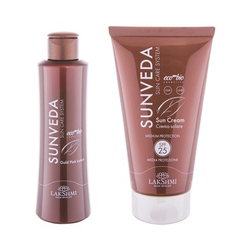 Set 2 produse bio organice protectie solara si ingrijirea pielii dupa soare, Lakshmi, crema cu protectie solara medie 25spf 150ml si lotiunea de corp dupa plaja  Set 2 produse bio organice protectie solara si ingrijirea pielii dupa soare, Lakshmi, crema cu protectie solara medie 25spf 150ml si lotiunea de corp dupa plaja