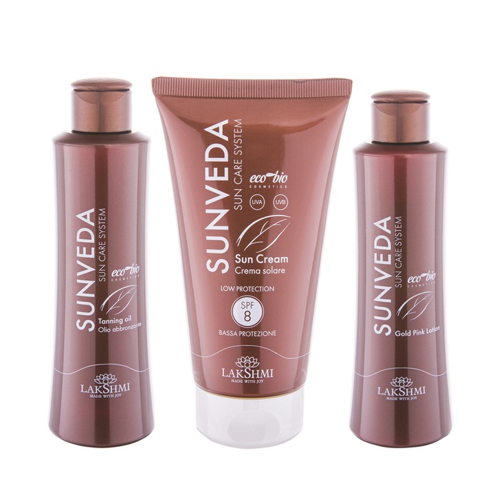 Lakshmi bio bio fényvédő termékből álló készlet, alacsony fényvédő krém 8spf 150 ml, barnulásgyorsító olaj 200 ml és strandolás utáni krém a bőr hidratálásához "arany rózsaszín" 150 ml, 3db