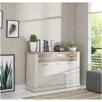 Comoda Kring Nibe, 141 x 90 x 41 cm, alb antic, 3 sertare si 3 usi Comoda Kring Nibe, 141 x 90 x 41 cm, alb antic, 3 sertare si 3 usi