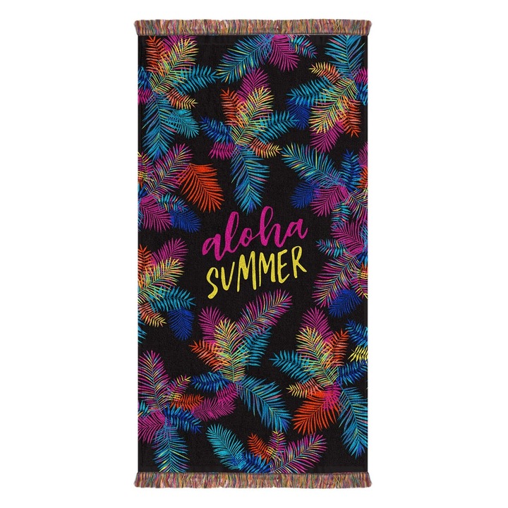 Плажна кърпа, модел с тропически листа и ресни, 70x140 см, многоцветна