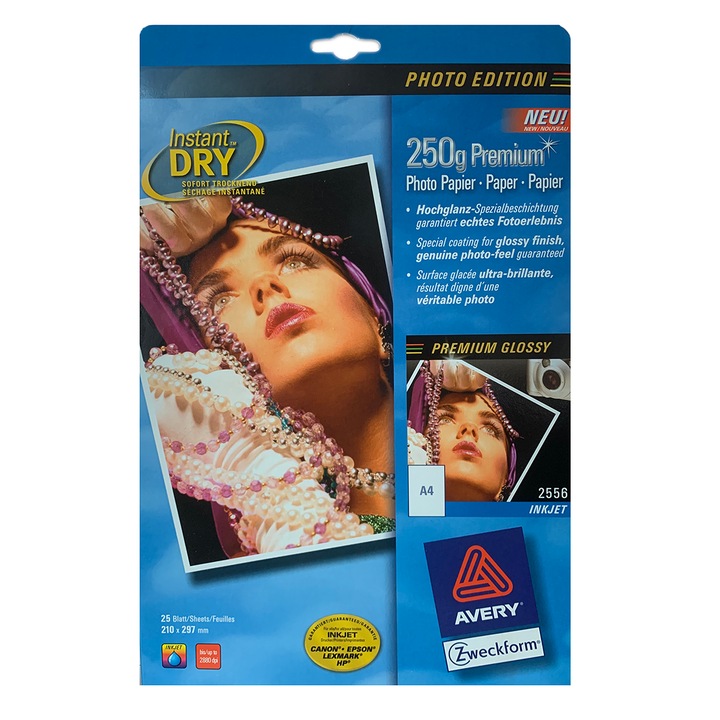 Hartie foto Avery Zweckform 2556, A4 (210 x 297 mm), luciu ridicat, premium, 250g/m², 25 coli/ cutie, inkjet