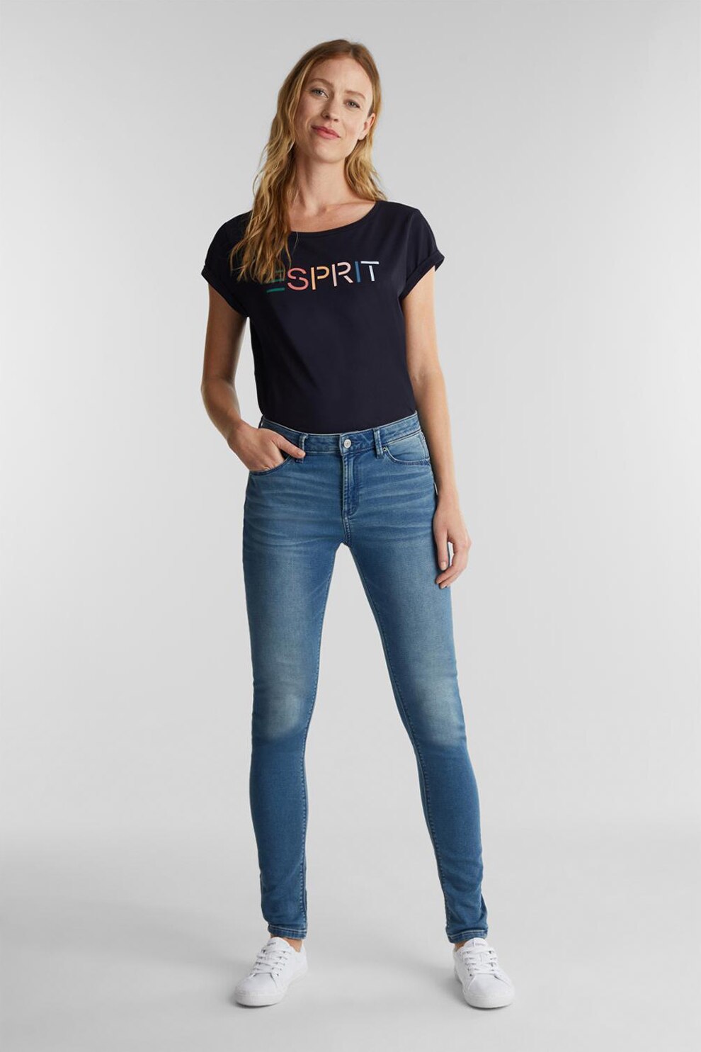 Esprit, Blugi skinny cu aspect decolorat, Albastru