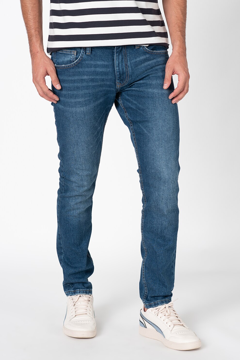 Esprit, Blugi slim fit cu aspect decolorat, Bleumarin/Alb prafuit