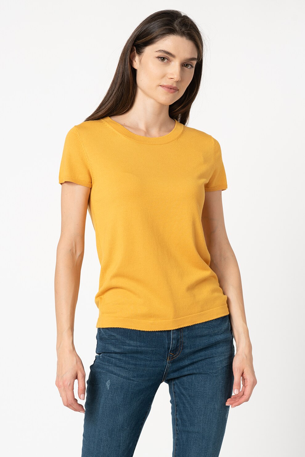 Esprit, Tricou tricotat fin, cu decolteu la baza gatului, Galben sofran