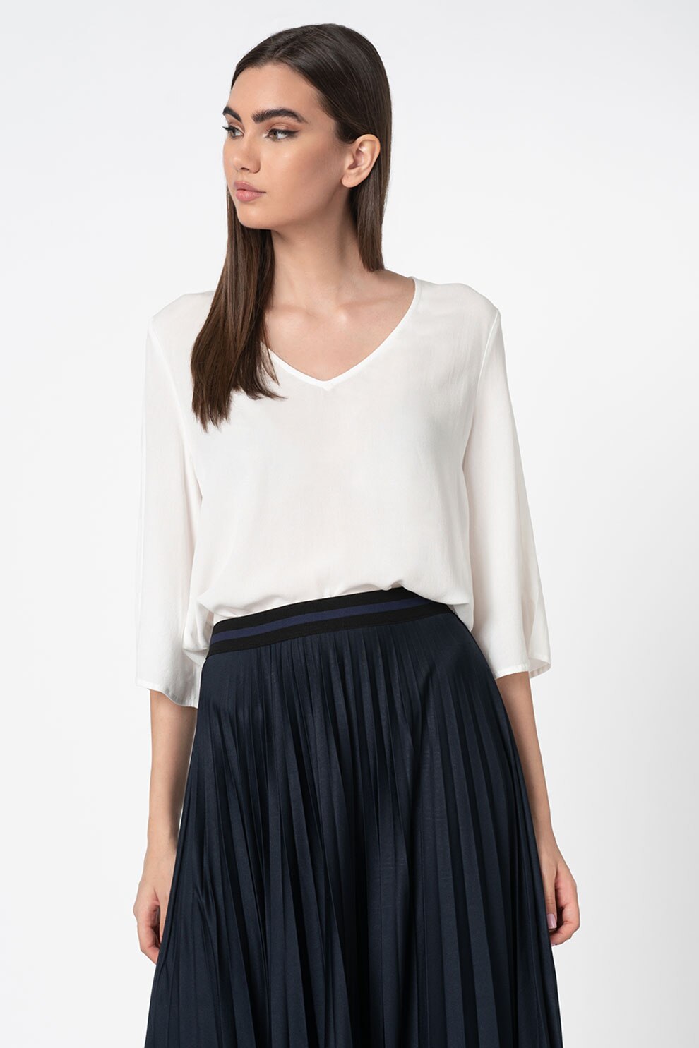 Esprit, Bluza cu decolteu in V si maneci medii, Alb, M