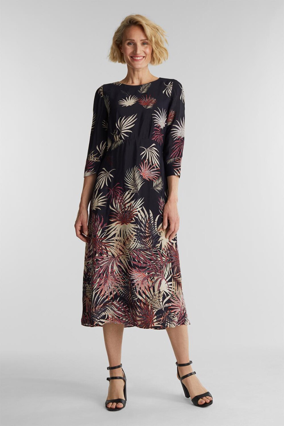 Esprit, Rochie midi cu model vegetal, Negru/Bej/Rosu inchis, S