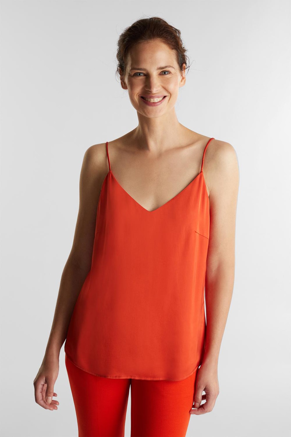 Esprit, Top de satin cu decolteu in V, Oranj mandarina, L