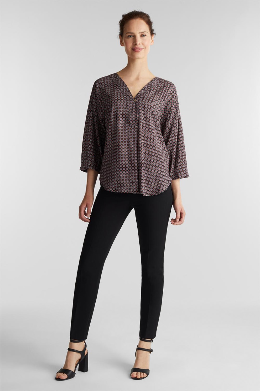 Esprit, Bluza cu decolteu in V si maneci trei sferturi, Negru/Maro/Rosu