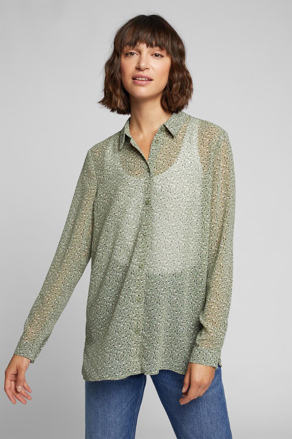 EDC by Esprit, Camasa din sifon cu model geometric floral, Verde/Alb/Negru