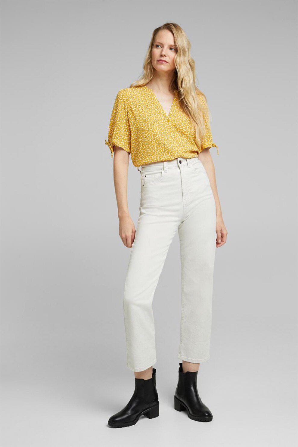 Esprit, Camasa cu maneci scurte si guler Mao, Galben/Alb, XS
