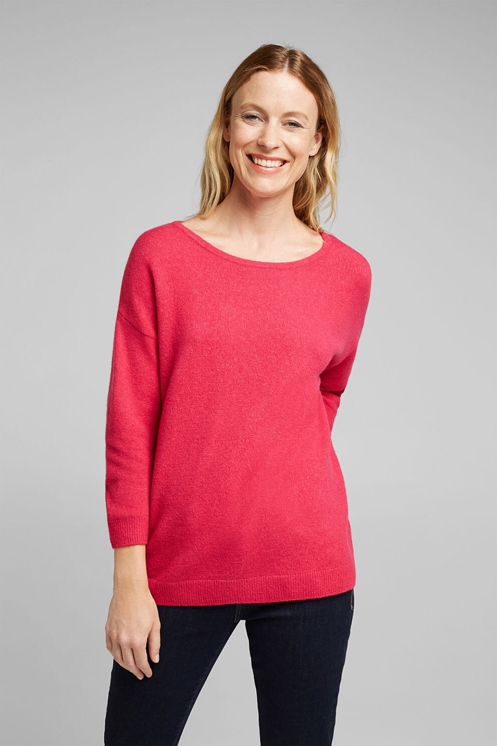 Esprit, Pulover din amestec de lana, cu maneci cazute, Roz aprins