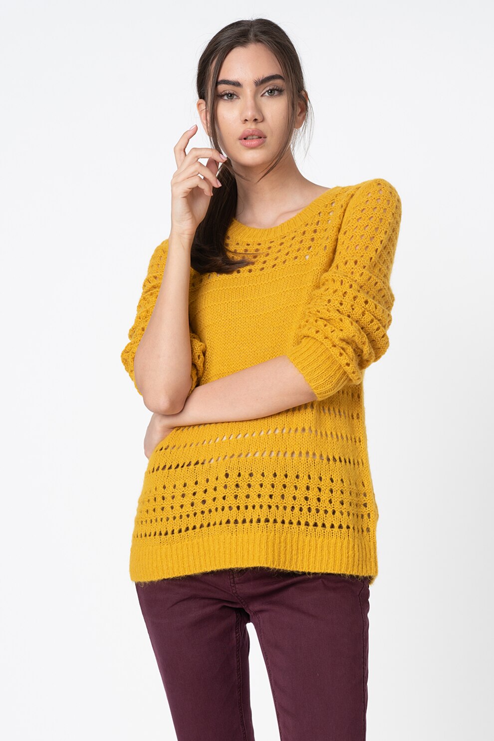 Esprit, Pulover din amestec de lana cu decupaje, Galben sofran, XS