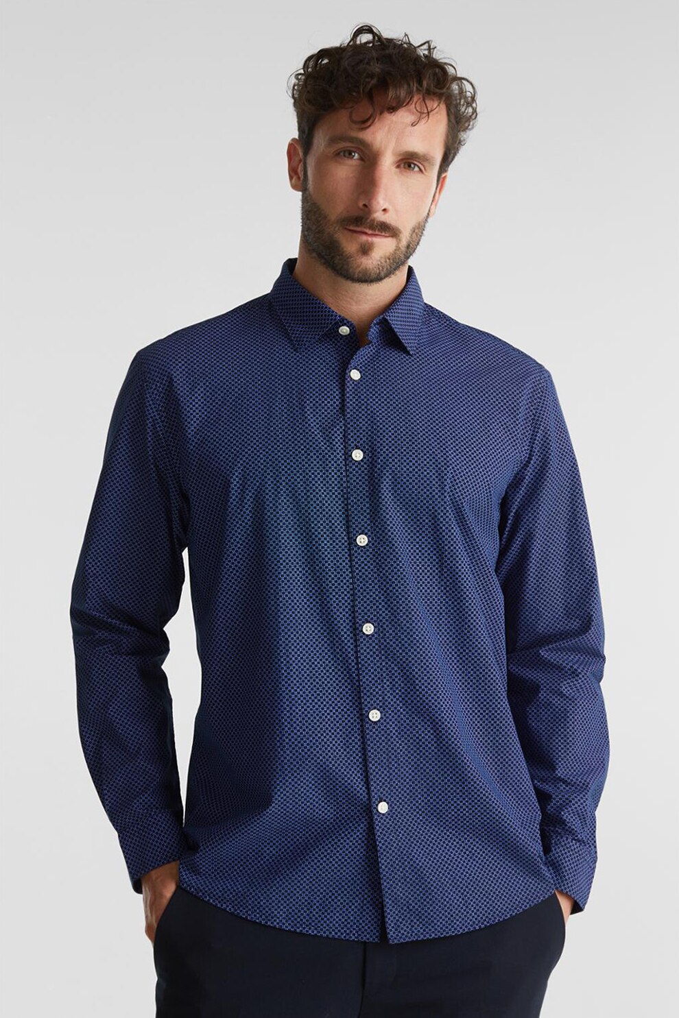 Esprit, Camasa din bumbac organic cu imprimeu grafic, Bleumarin, S