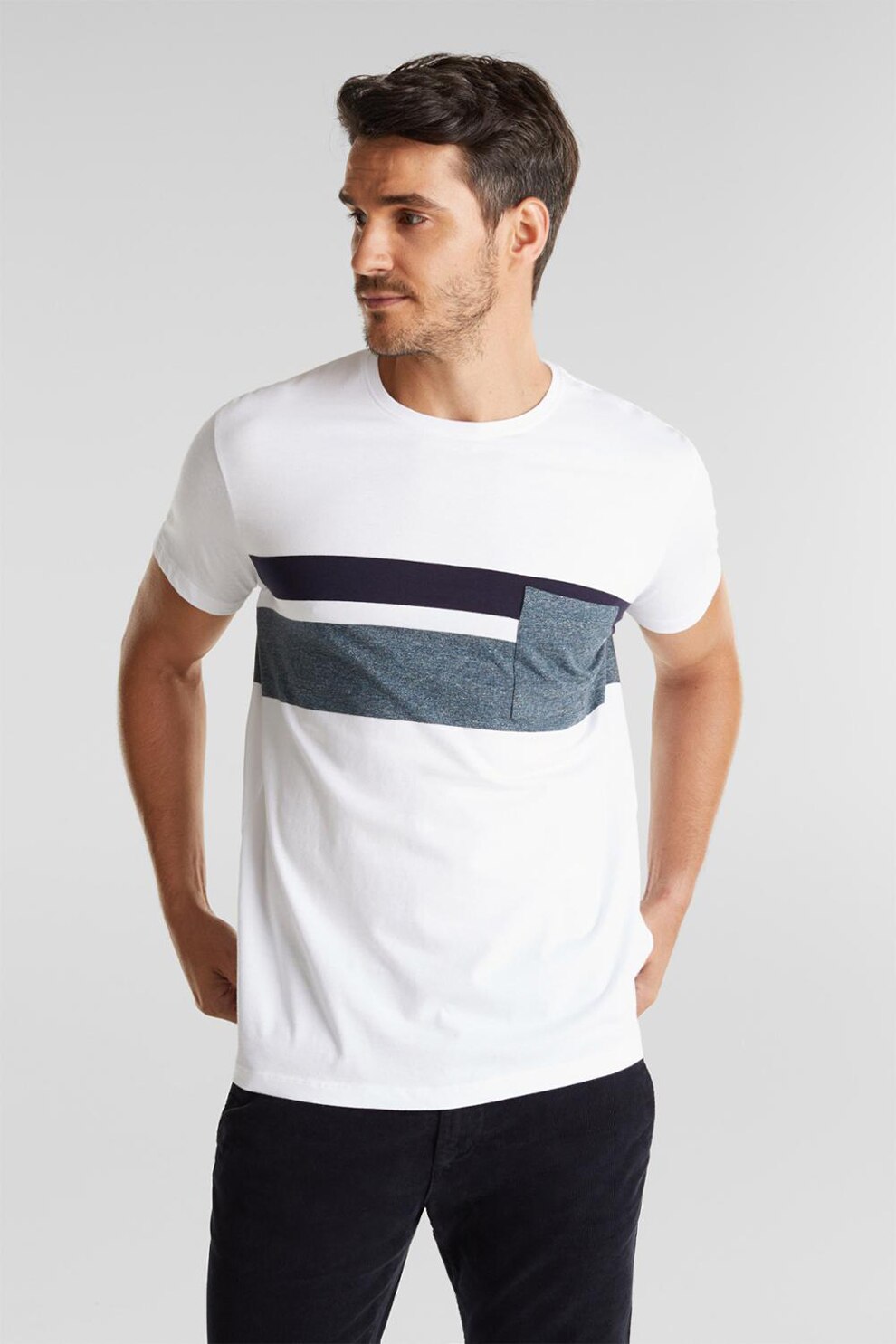 Esprit, Tricou de bumbac organic cu buzunar pe piept, Alb/Bleumarin