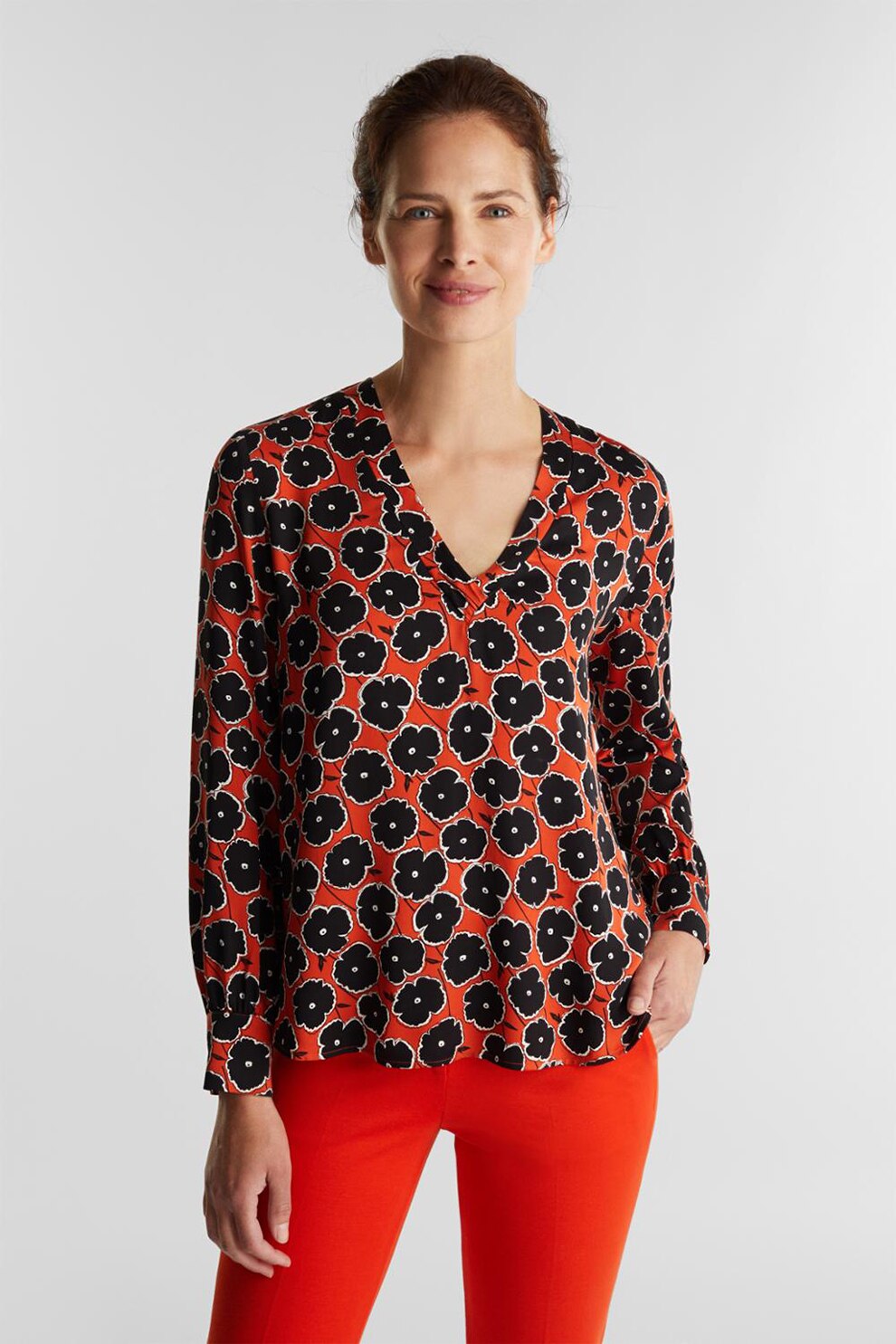 Esprit, Bluza cu decolteu in V si imprimeu floral, Rosu vermillion/Negru