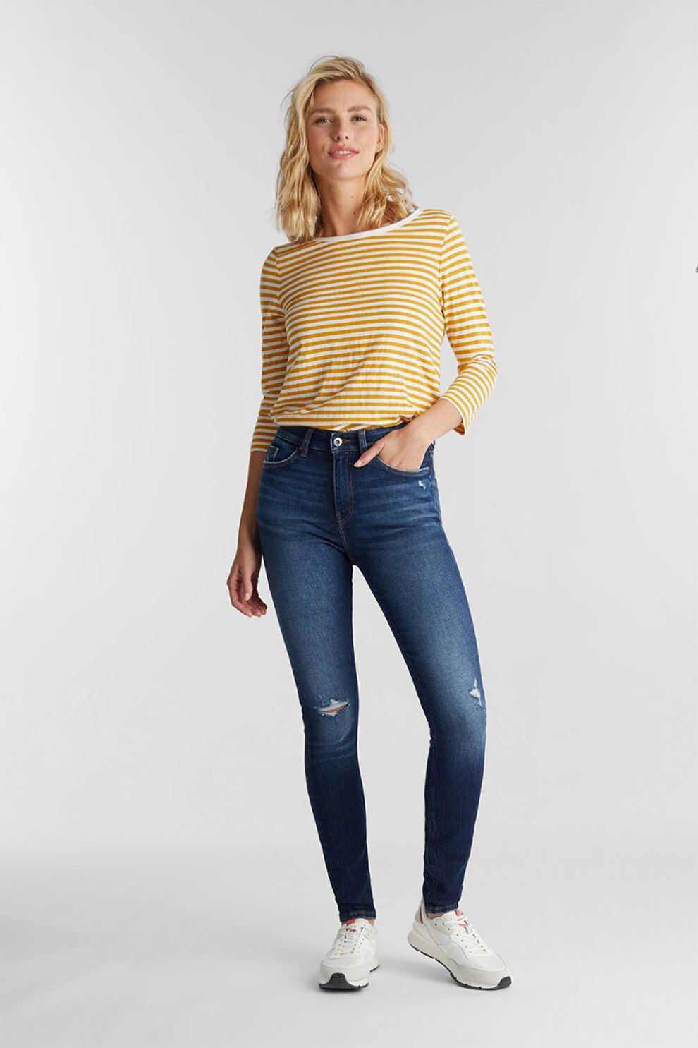 EDC by Esprit, Blugi skinny din amestec de bumbac organic cu talie inalta, Bleumarin inchis/albastru pastel, W26-L30