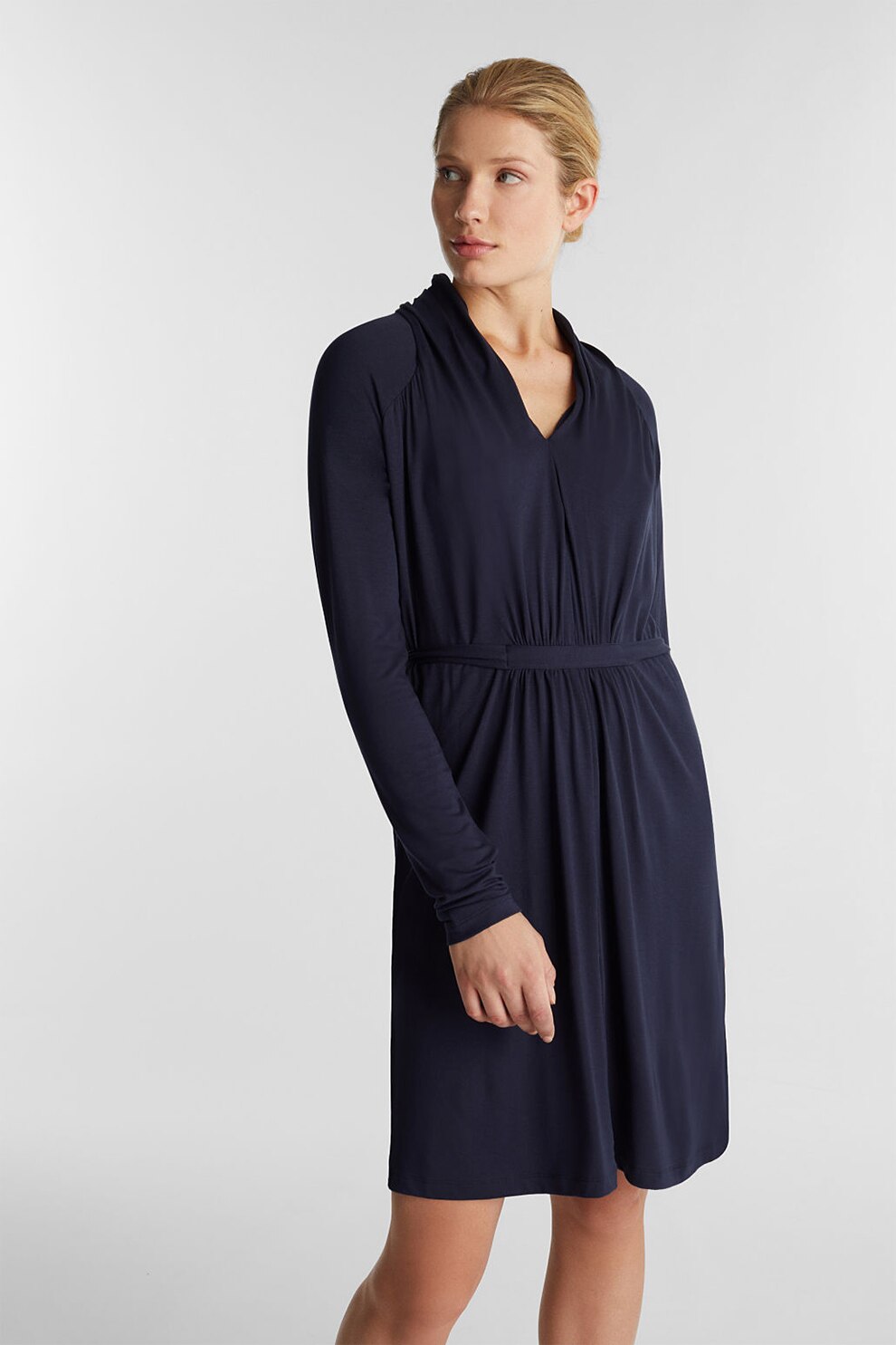 Esprit, Rochie cu decolteu in V si fronseuri, Bleumarin inchis