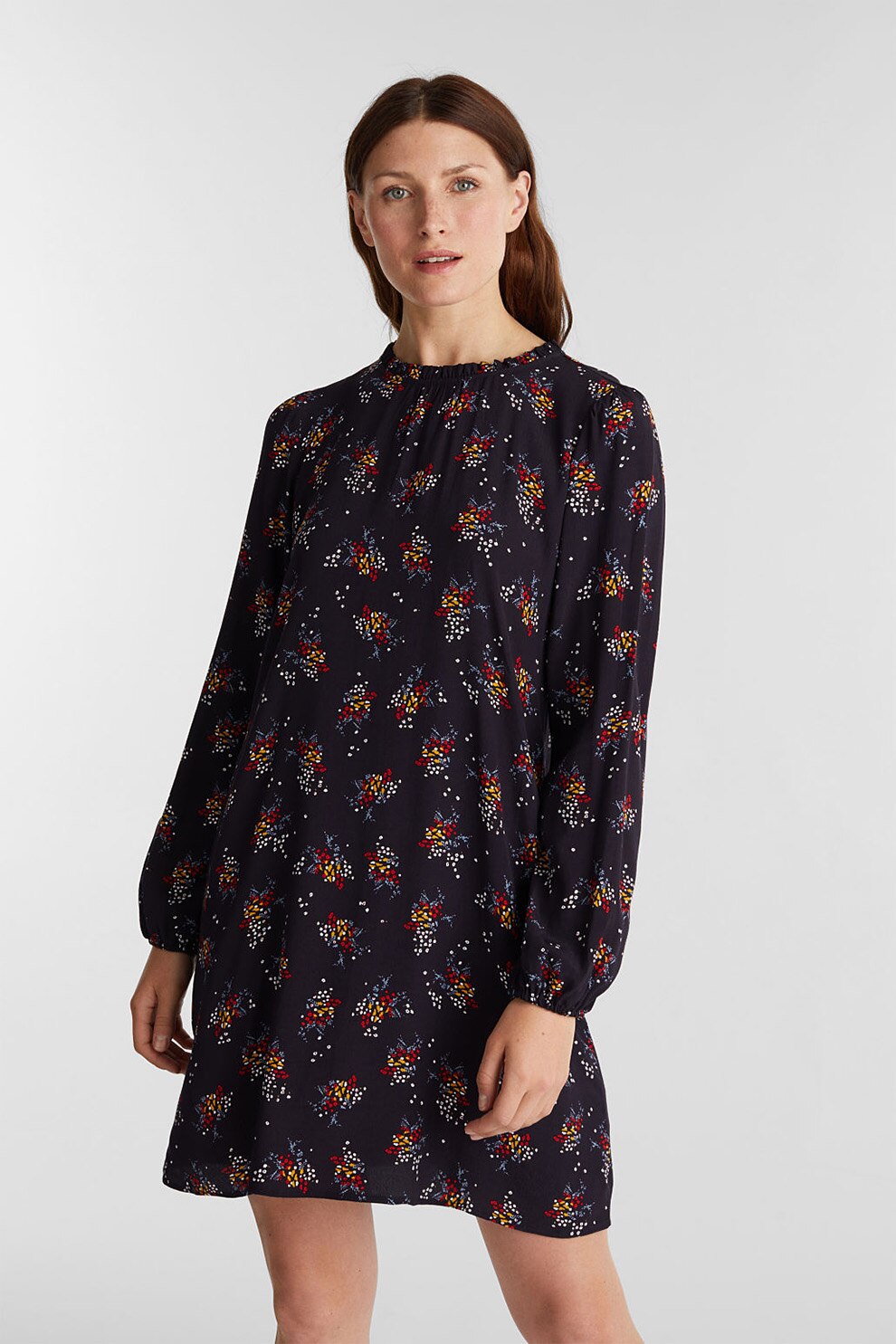 Esprit, Rochie mini vaporoasa, cu model floral, Bleumarin