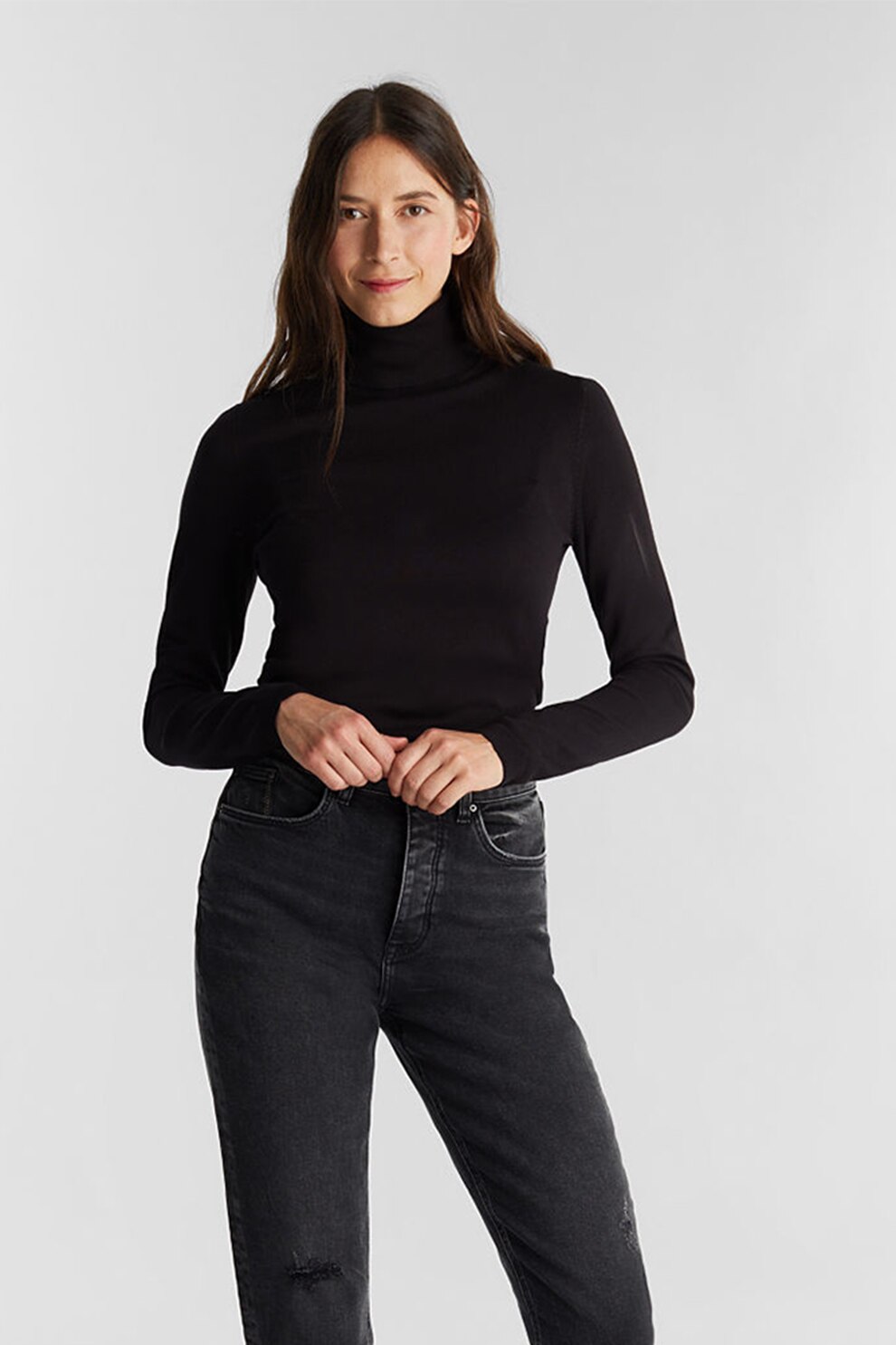 Esprit, Pulover tricotat fin cu guler inalt, Negru, XL