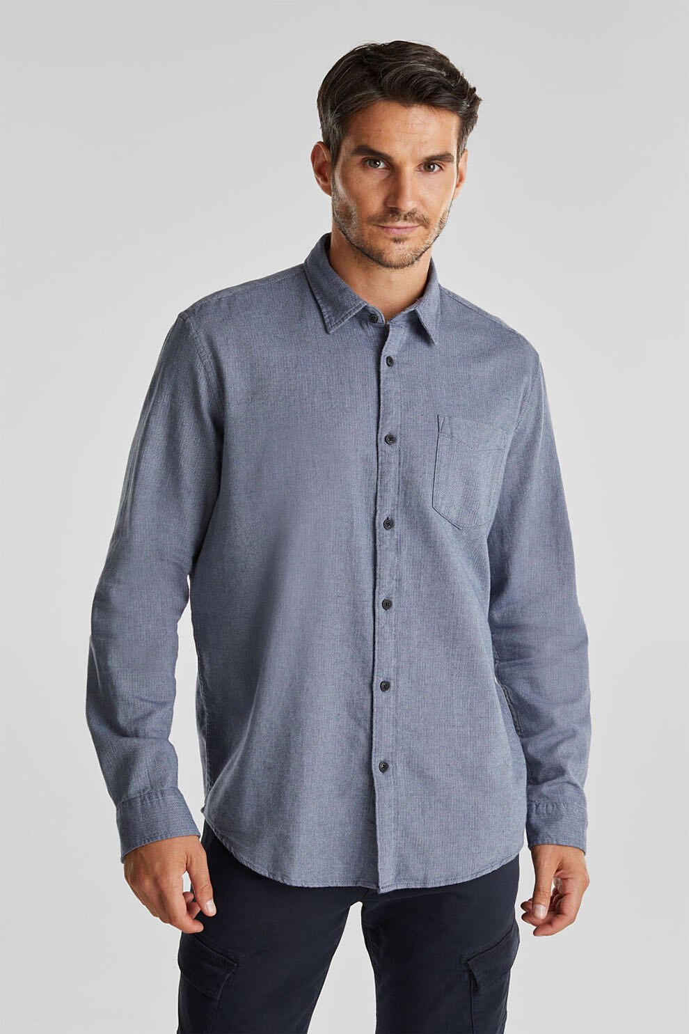 Esprit, Camasa de bumbac organic cu buzunar pe piept, Albastru inchis melange, S