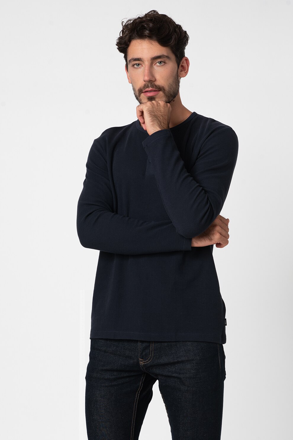 Esprit, Bluza din bumbac organic cu decolteu henley, Bleumarin