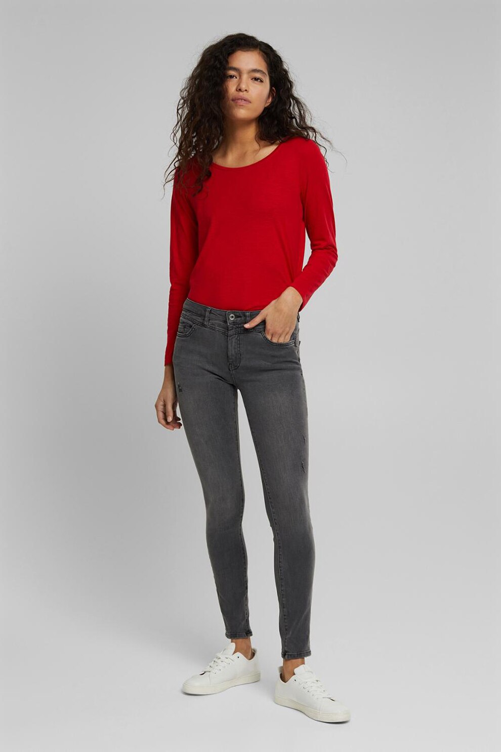 EDC by Esprit, Blugi slim fit din amestec de bumbac organic si lyocell, Gri inchis, W29-L30